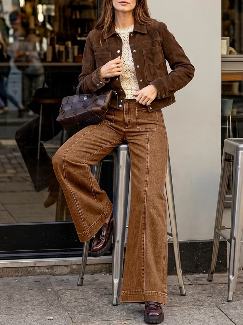 WIDE LEG HIGH-RISE JEANS | Women's - Brown - Picture 2 of 8